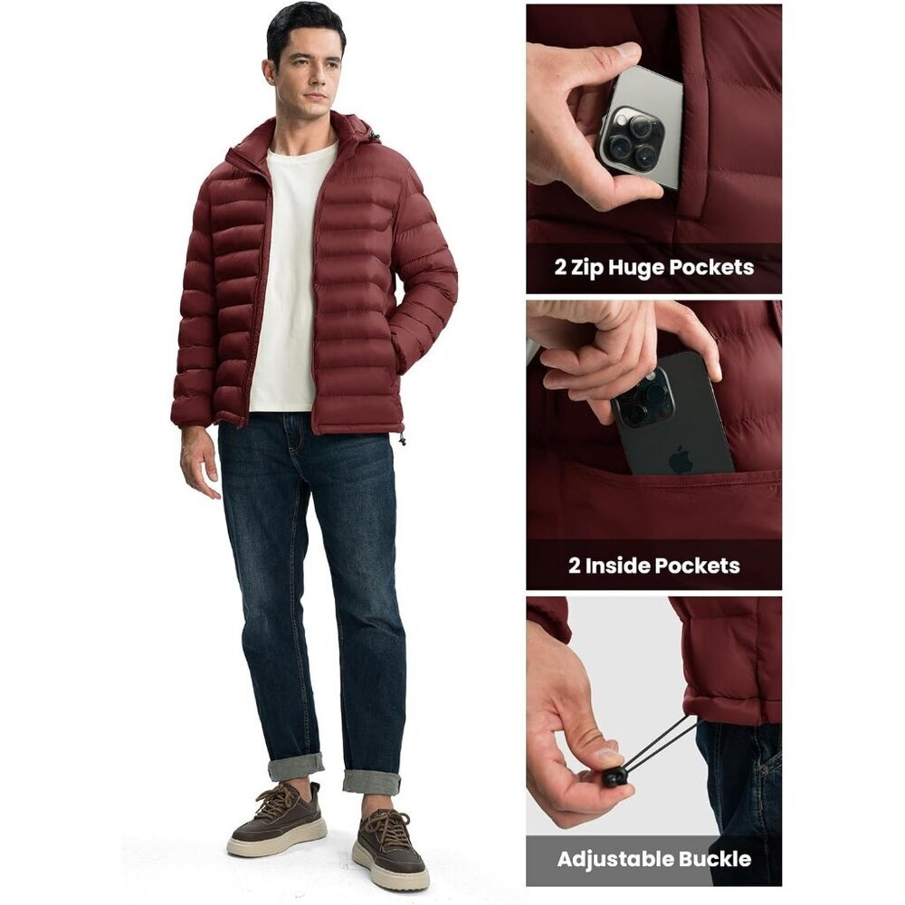 Men’s Wine Red 100% Nylon Hooded Zip-Up Lightweight Warm Winter Puffer Jacket - Picture 5 of 7